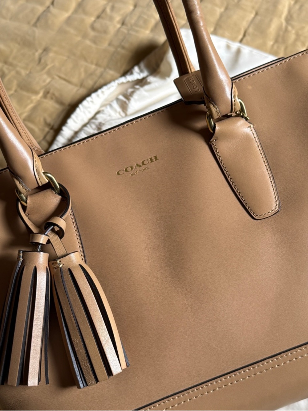 Coach Tan Leather Tote with Tassel Charm